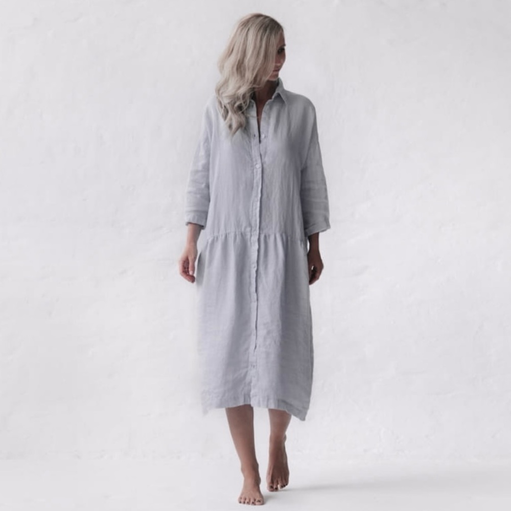 Seaside Tones oversized linen button light grey dress OS OSFM  -1F